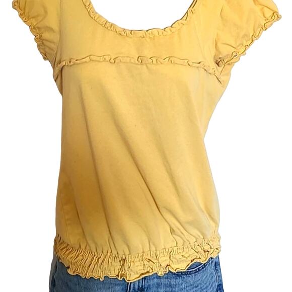 Excellent Charlotte Russe Junior Yellow Ruffle Trim Short Sleeve Blouse SZ Large - Picture 5 of 6